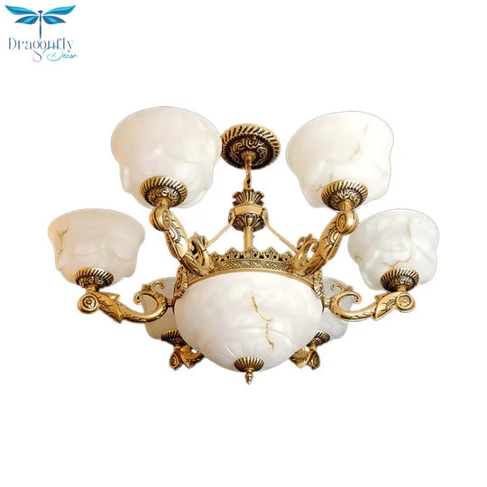 Bowl Dining Room Drop Lamp Antiqued White Glass 9 - Light Brass Chandelier Light Fixture