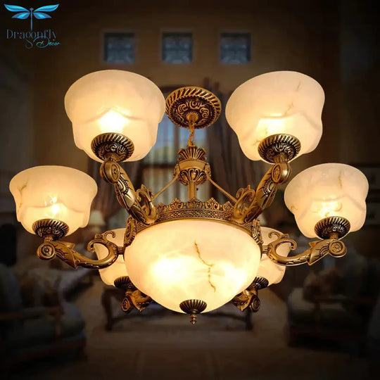 Bowl Dining Room Drop Lamp Antiqued White Glass 9 - Light Brass Chandelier Light Fixture