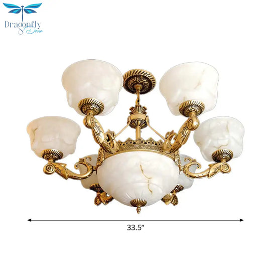 Bowl Dining Room Drop Lamp Antiqued White Glass 9 - Light Brass Chandelier Light Fixture
