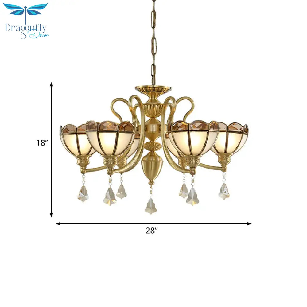 Bowl Frosted Glass Suspension Pendant Colonial 6 Bulbs Living Room Chandelier Lighting In Gold