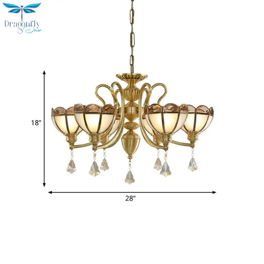 Bowl Frosted Glass Suspension Pendant Colonial 6 Bulbs Living Room Chandelier Lighting In Gold