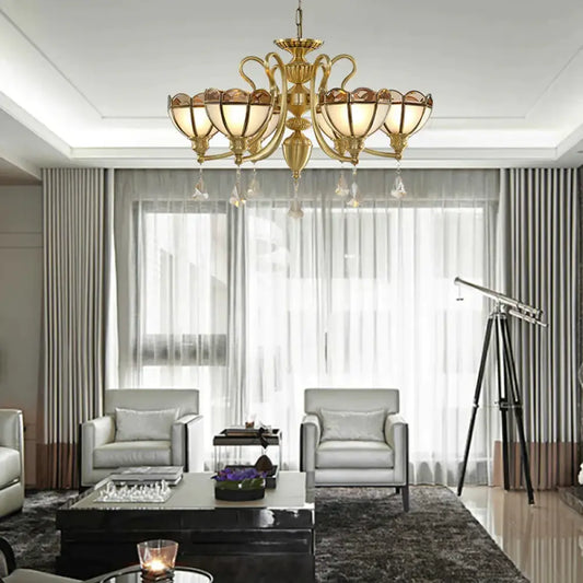 Bowl Frosted Glass Suspension Pendant Colonial 6 Bulbs Living Room Chandelier Lighting In Gold