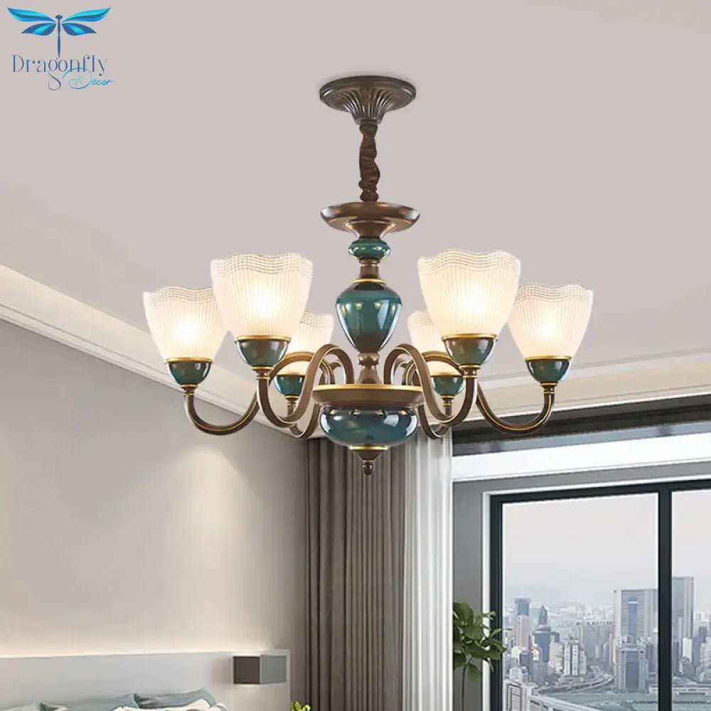 Bowl Frosted Prismatic Glass Hanging Lamp Country 3/6 Lights Bedroom Chandelier Light In Black With