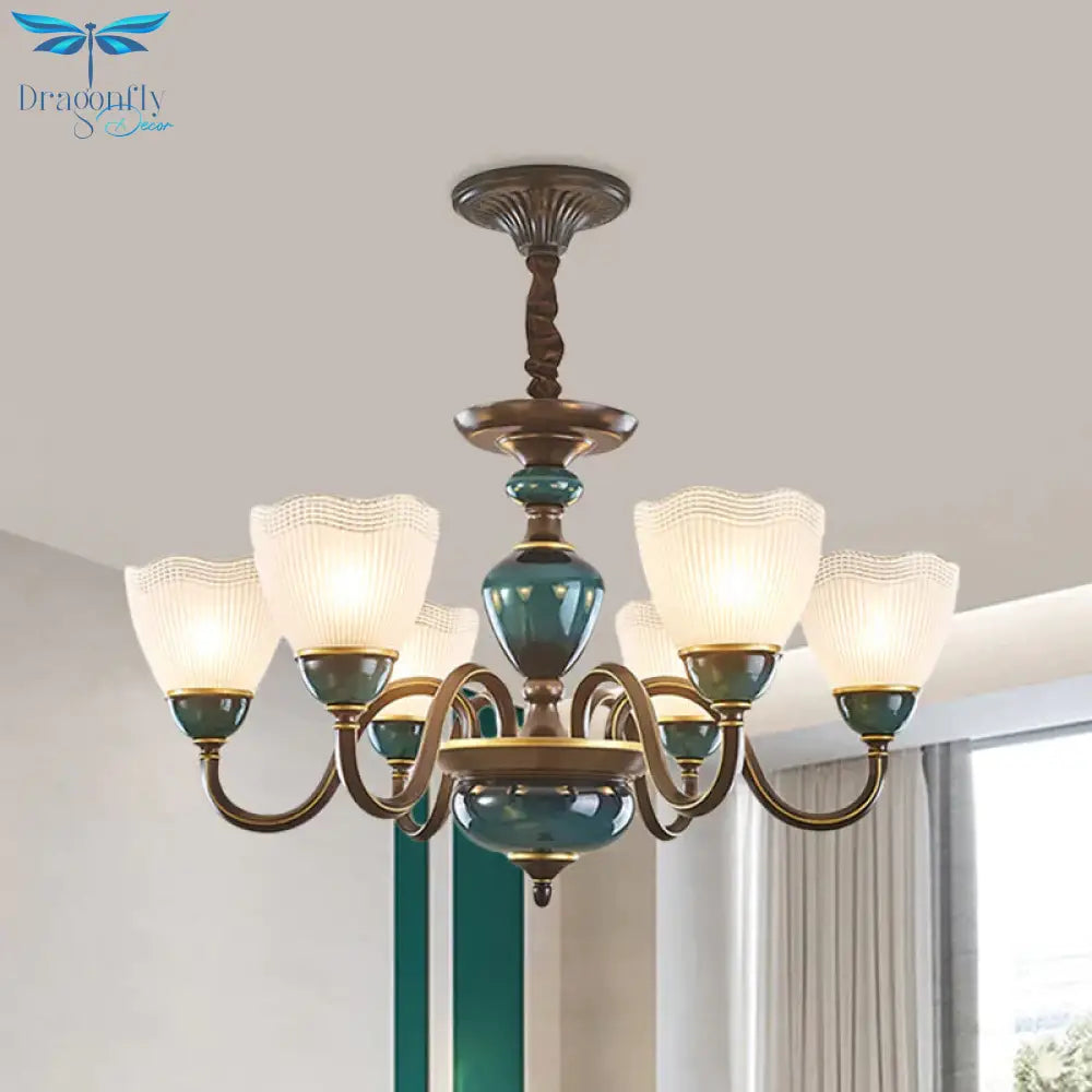 Bowl Frosted Prismatic Glass Hanging Lamp Country 3/6 Lights Bedroom Chandelier Light In Black With