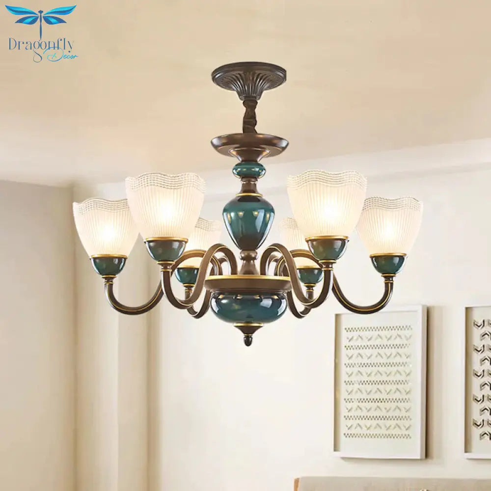 Bowl Frosted Prismatic Glass Hanging Lamp Country 3/6 Lights Bedroom Chandelier Light In Black With