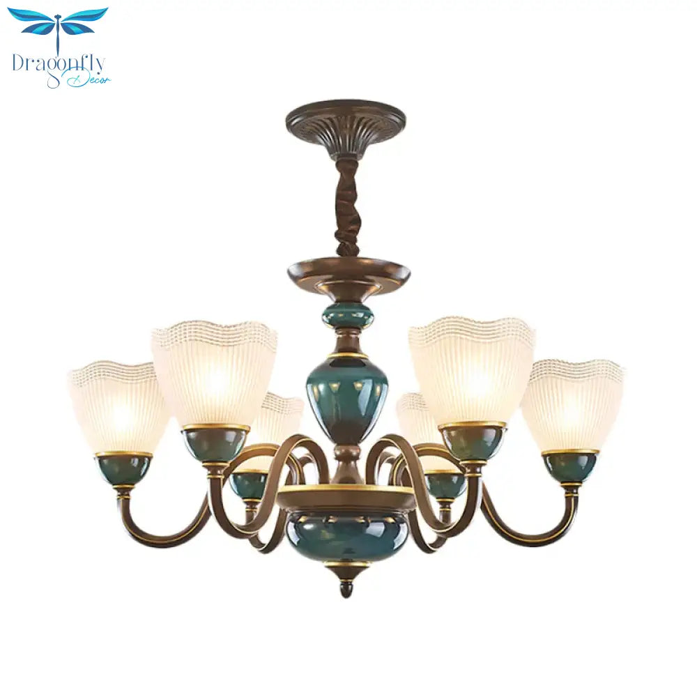 Bowl Frosted Prismatic Glass Hanging Lamp Country 3/6 Lights Bedroom Chandelier Light In Black With