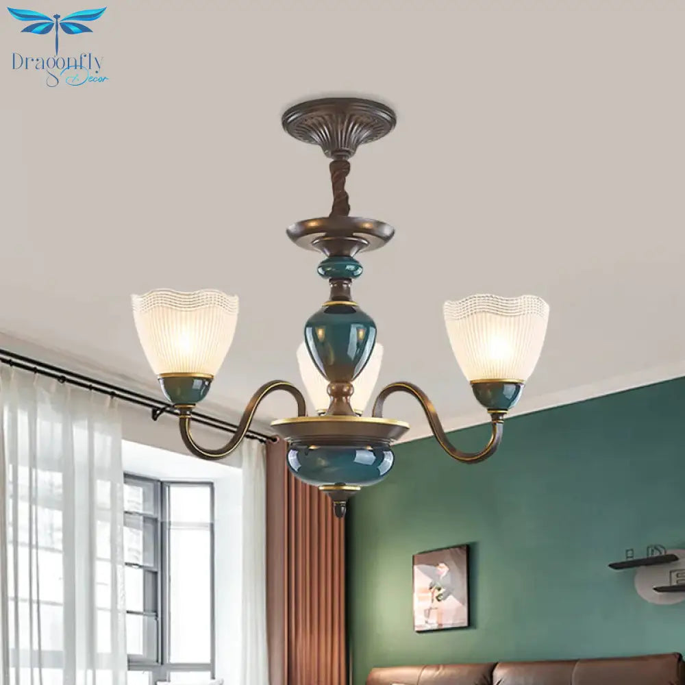 Bowl Frosted Prismatic Glass Hanging Lamp Country 3/6 Lights Bedroom Chandelier Light In Black With