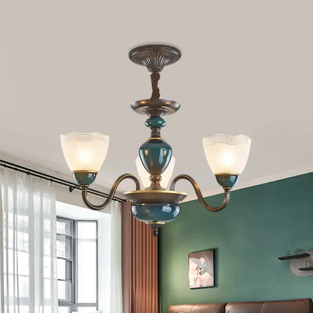 Bowl Frosted Prismatic Glass Hanging Lamp Country 3/6 Lights Bedroom Chandelier Light In Black With
