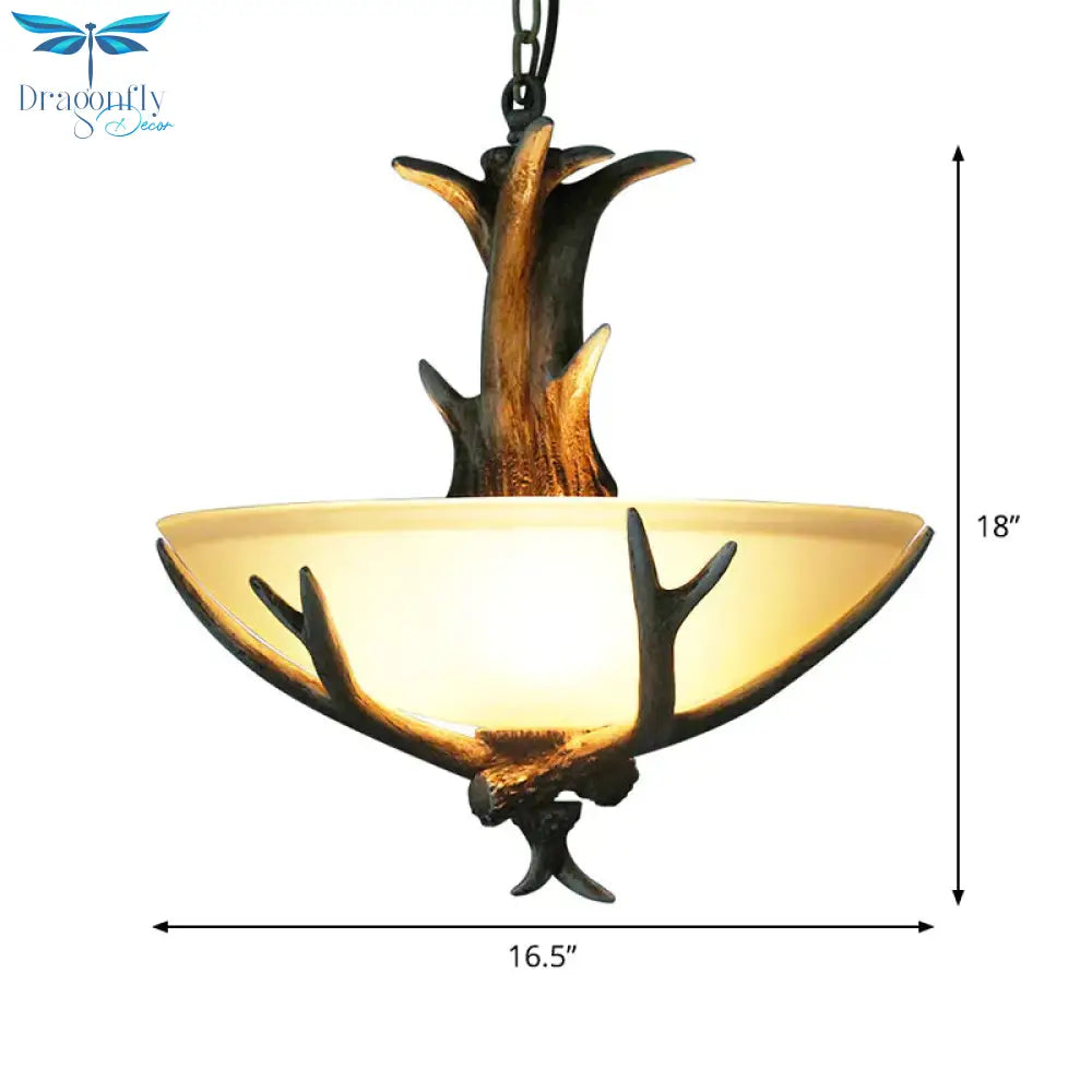 Bowl Frosted White Glass Drop Lamp Rustic 3 - Light Dining Room Antler Pendant Chandelier In Brown