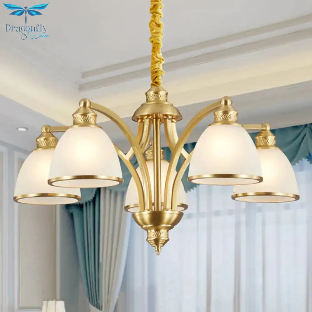 Bowl Ivory Glass Chandelier Lamp Colonial 3/5/8 Bulbs Living Room Down Lighting Pendant In Gold