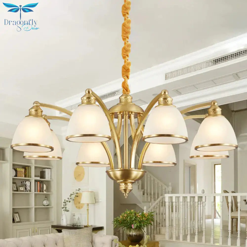 Bowl Ivory Glass Chandelier Lamp Colonial 3/5/8 Bulbs Living Room Down Lighting Pendant In Gold