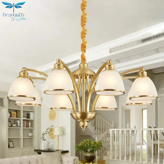 Bowl Ivory Glass Chandelier Lamp Colonial 3/5/8 Bulbs Living Room Down Lighting Pendant In Gold