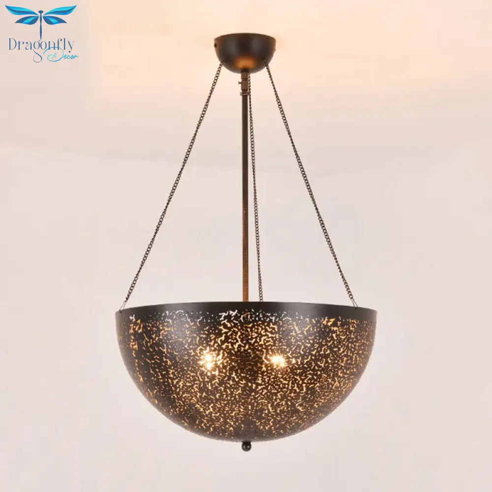 Bowl Restaurant Chandelier Vintage Metal 3 - Light Black Hanging Ceiling Lamp With Hollow - Out