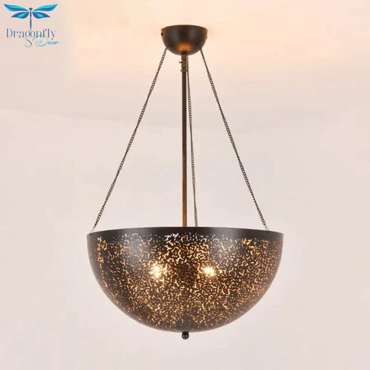 Bowl Restaurant Chandelier Vintage Metal 3 - Light Black Hanging Ceiling Lamp With Hollow - Out