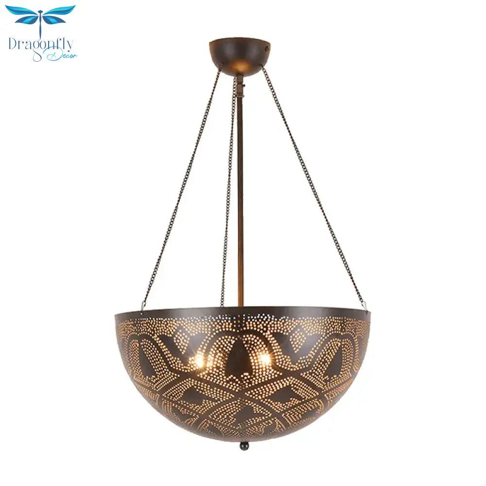 Bowl Restaurant Chandelier Vintage Metal 3 - Light Black Hanging Ceiling Lamp With Hollow - Out
