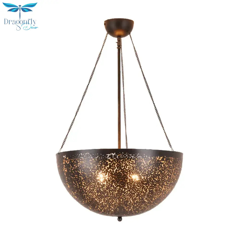 Bowl Restaurant Chandelier Vintage Metal 3 - Light Black Hanging Ceiling Lamp With Hollow - Out