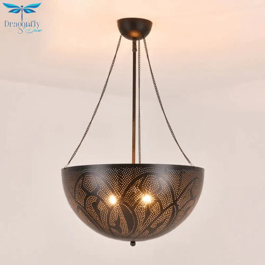 Bowl Restaurant Chandelier Vintage Metal 3 - Light Black Hanging Ceiling Lamp With Hollow - Out