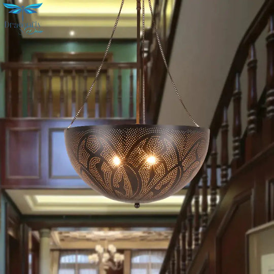 Bowl Restaurant Chandelier Vintage Metal 3 - Light Black Hanging Ceiling Lamp With Hollow - Out