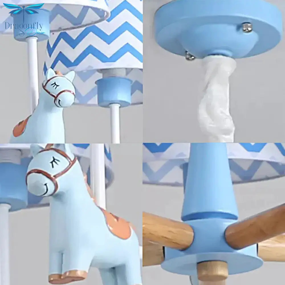 Boys Bedroom Carousel Hanging Light Wood 5 Heads Nordic Style Blue Chandelier