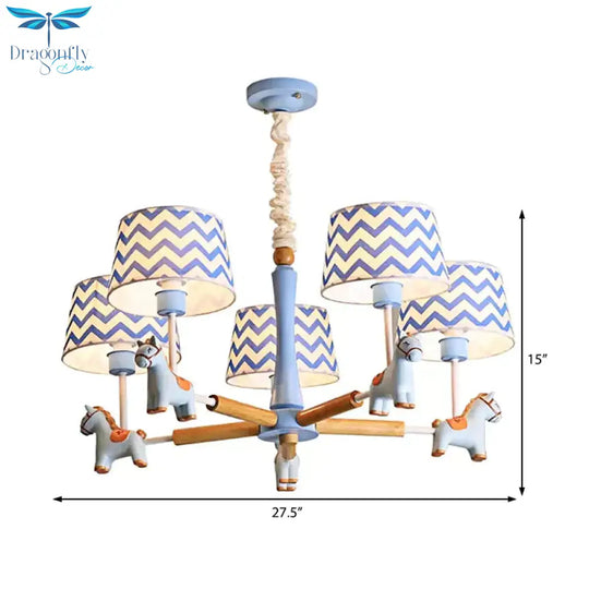 Boys Bedroom Carousel Hanging Light Wood 5 Heads Nordic Style Blue Chandelier