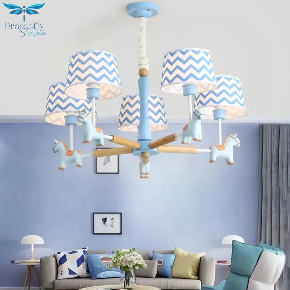 Boys Bedroom Carousel Hanging Light Wood 5 Heads Nordic Style Blue Chandelier