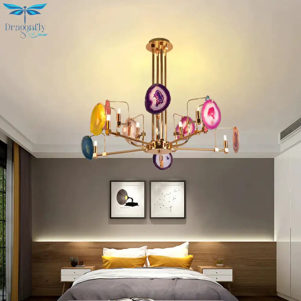 Branch Metal Ceiling Lighting Fixture Modern 6/8/10 - Head Gold Up Chandelier Pendant With Agates
