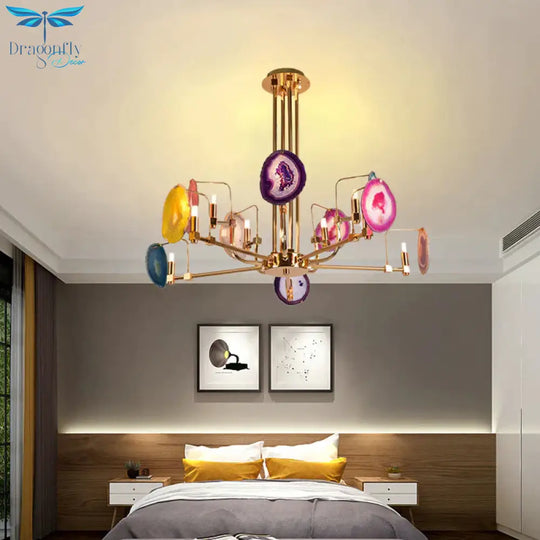 Branch Metal Ceiling Lighting Fixture Modern 6/8/10 - Head Gold Up Chandelier Pendant With Agates