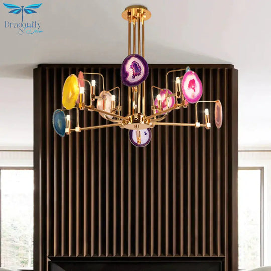 Branch Metal Ceiling Lighting Fixture Modern 6/8/10 - Head Gold Up Chandelier Pendant With Agates