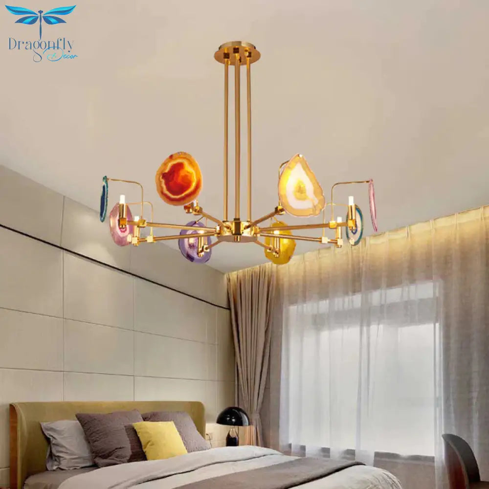 Branch Metal Ceiling Lighting Fixture Modern 6/8/10 - Head Gold Up Chandelier Pendant With Agates