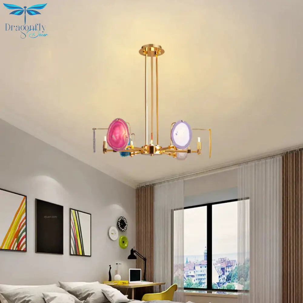 Branch Metal Ceiling Lighting Fixture Modern 6/8/10 - Head Gold Up Chandelier Pendant With Agates
