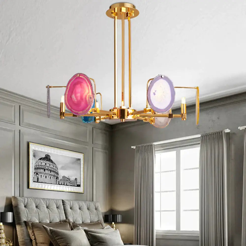Branch Metal Ceiling Lighting Fixture Modern 6/8/10 - Head Gold Up Chandelier Pendant With Agates 6
