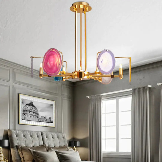 Branch Metal Ceiling Lighting Fixture Modern 6/8/10 - Head Gold Up Chandelier Pendant With Agates 6