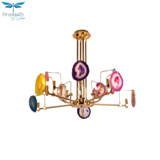 Branch Metal Ceiling Lighting Fixture Modern 6/8/10 - Head Gold Up Chandelier Pendant With Agates