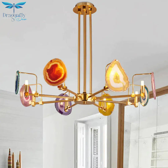 Branch Metal Ceiling Lighting Fixture Modern 6/8/10 - Head Gold Up Chandelier Pendant With Agates