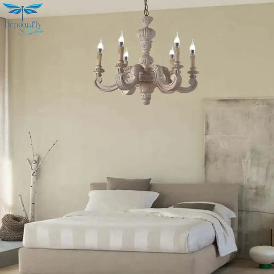 Branch Pendant Chandelier Traditional Wood 6 Bulbs White Hanging Lamp For Bedroom