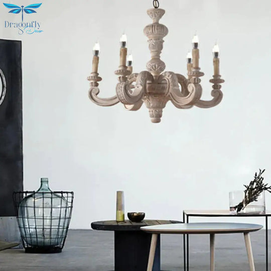 Branch Pendant Chandelier Traditional Wood 6 Bulbs White Hanging Lamp For Bedroom