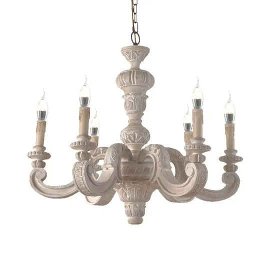 Branch Pendant Chandelier Traditional Wood 6 Bulbs White Hanging Lamp For Bedroom