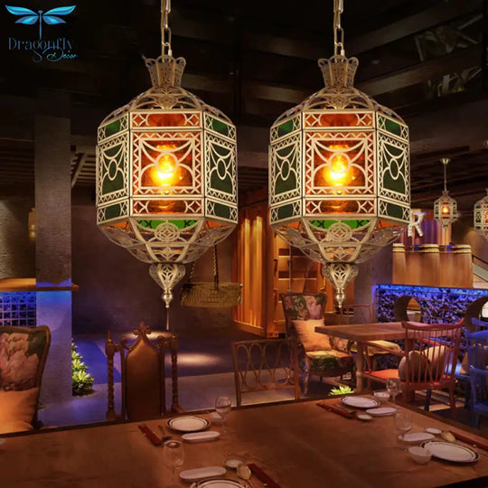Brass 2 Heads Chandelier Arab Style Metallic Lantern Pendant Lighting Fixture For Restaurant