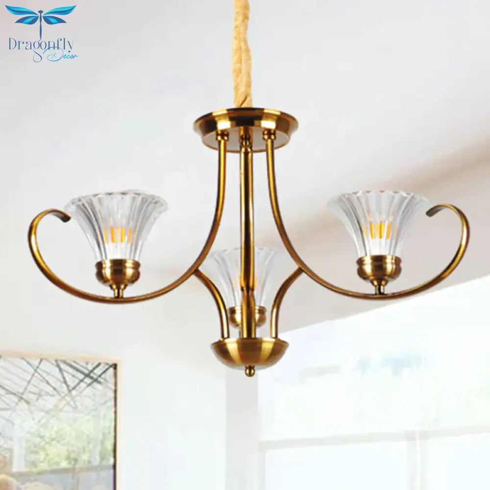 Brass 3/6 Lights Chandelier Light Fixture Classic Clear Ribbed Glass Scroll Pendant Lamp With Bell