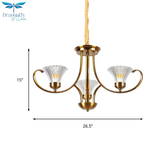 Brass 3/6 Lights Chandelier Light Fixture Classic Clear Ribbed Glass Scroll Pendant Lamp With Bell