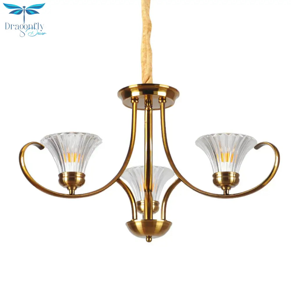 Brass 3/6 Lights Chandelier Light Fixture Classic Clear Ribbed Glass Scroll Pendant Lamp With Bell