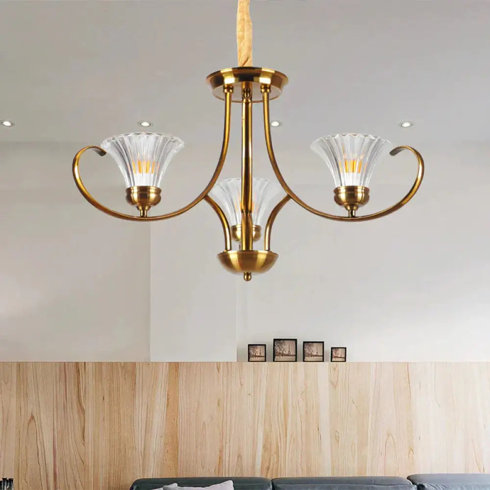 Brass 3/6 Lights Chandelier Light Fixture Classic Clear Ribbed Glass Scroll Pendant Lamp With Bell