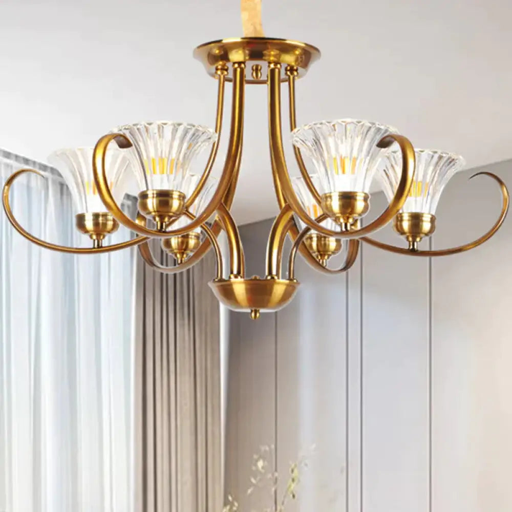Brass 3/6 Lights Chandelier Light Fixture Classic Clear Ribbed Glass Scroll Pendant Lamp With Bell