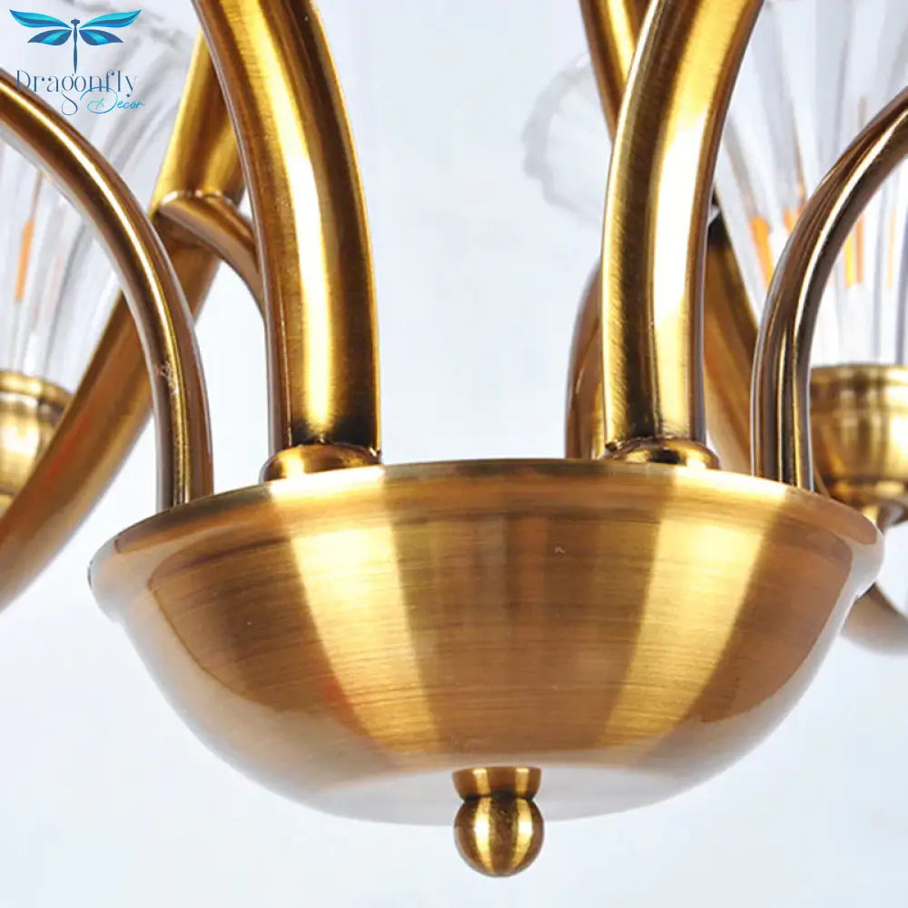 Brass 3/6 Lights Chandelier Light Fixture Classic Clear Ribbed Glass Scroll Pendant Lamp With Bell