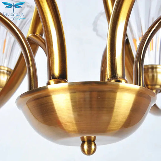 Brass 3/6 Lights Chandelier Light Fixture Classic Clear Ribbed Glass Scroll Pendant Lamp With Bell