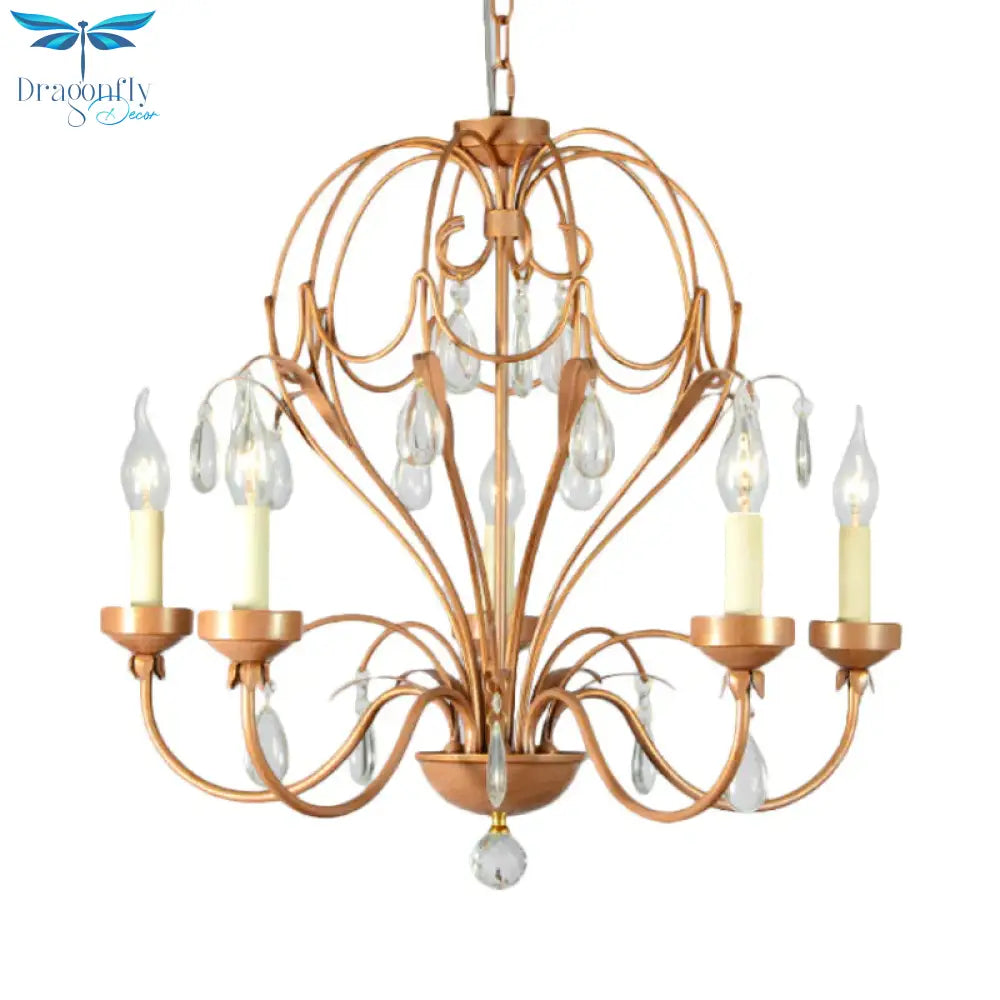 Brass 5/6 Lights Chandelier Light Fixture Traditional Metal And Crystal Candle Pendant Lamp For