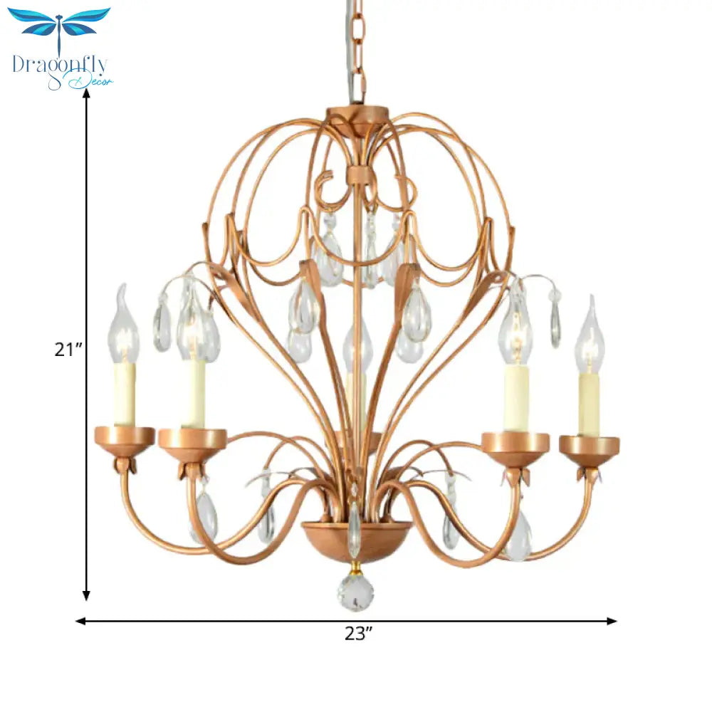 Brass 5/6 Lights Chandelier Light Fixture Traditional Metal And Crystal Candle Pendant Lamp For