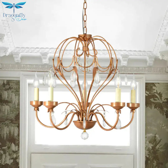 Brass 5/6 Lights Chandelier Light Fixture Traditional Metal And Crystal Candle Pendant Lamp For