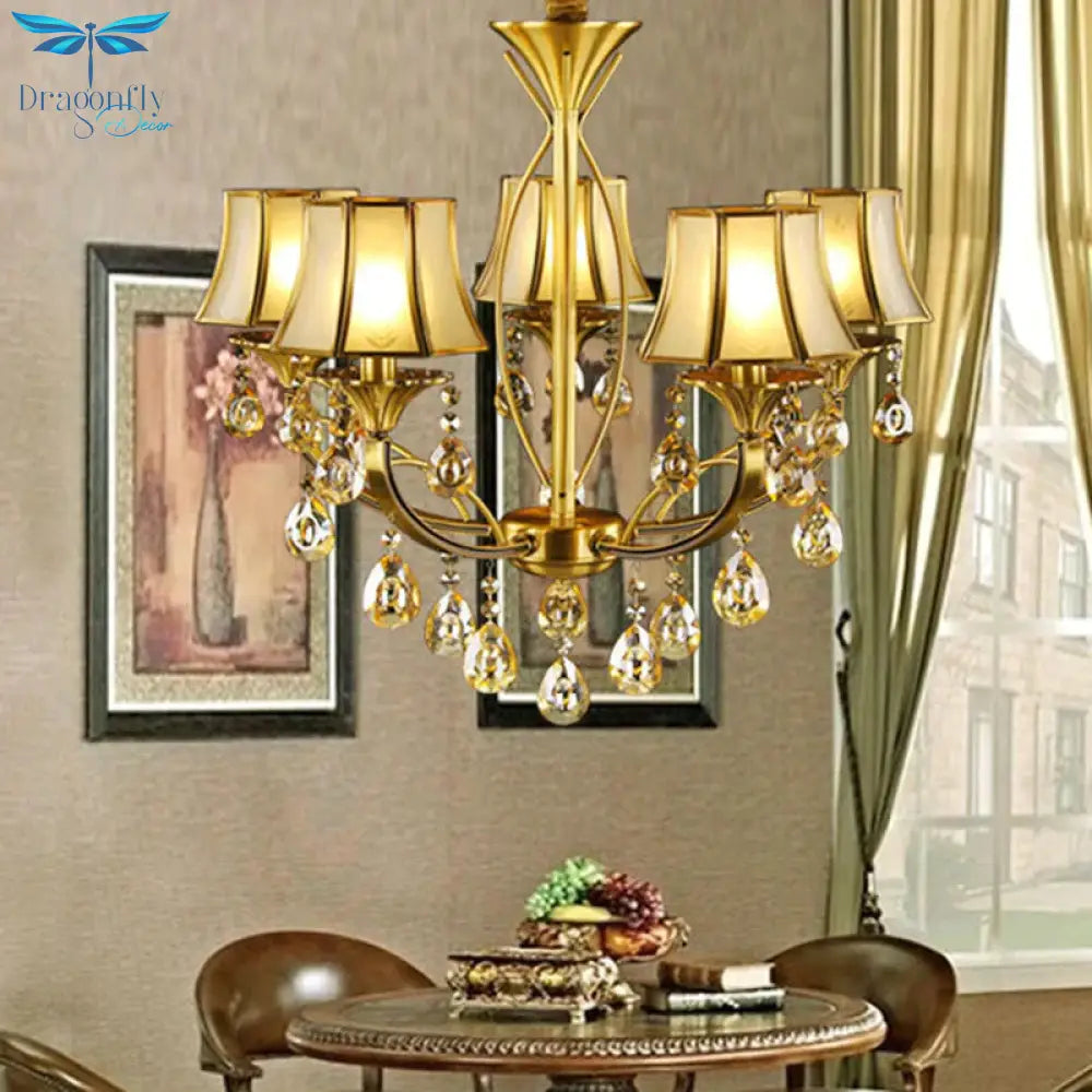 Brass 5 Lights Hanging Pendant Light European Crystal Orbs Empire Shade Ceiling Chandelier