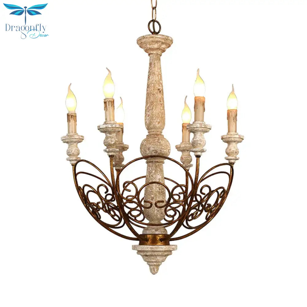 Brass 6 Lights Chandelier Lighting Rustic Wooden Candelabra Pendant Lamp For Living Room